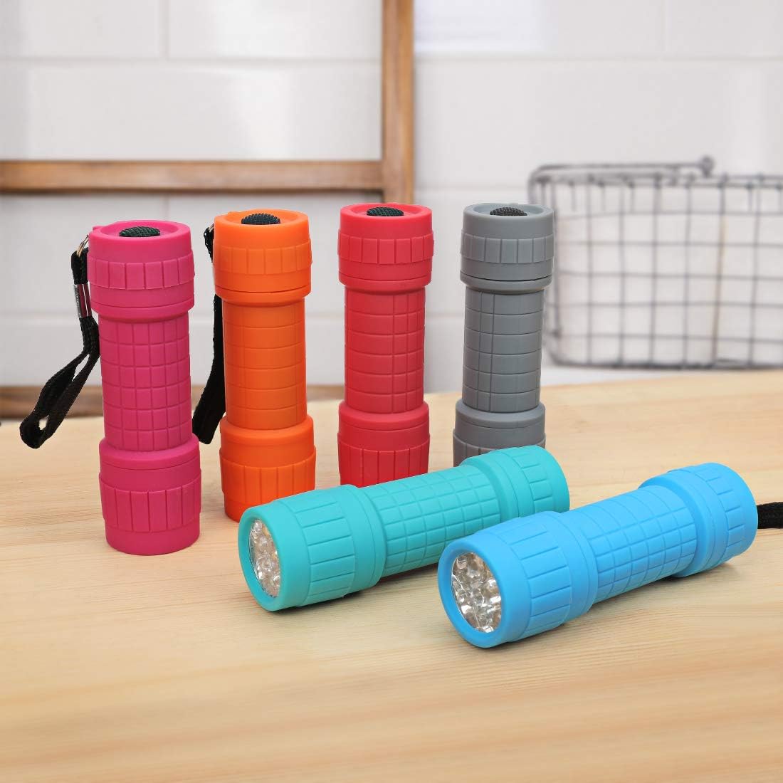 EverBrite 9-LED Flashlight 6-pack Impact Handheld Torch Assorted Colors with Lanyard 3AAA Battery Included (Hurricane Supplies, Camping, Hiking, Emergency, Hunting) - - 