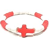 Handmade Red/Orange White Cross Stretch Bracelet Women Religious Gift