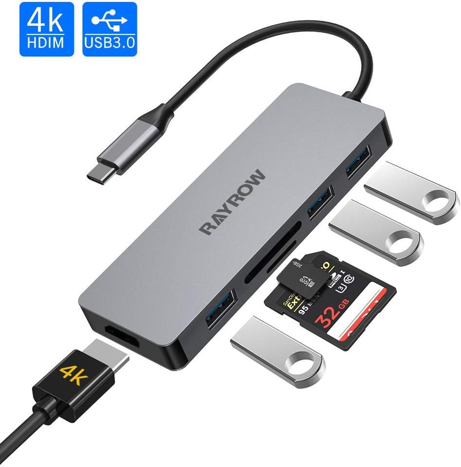 RAYROW USB C Hub, 6-in-1 USB C Adapter for MacBook Pro/Air 2020/2019/2018 with 4K USB-C to HDMI, 3 USB 3.0 Ports and SD/TF Card Reader for Galaxy Note 10 S10 S9 S8, Chromebook, XPS: Computers & Accessories