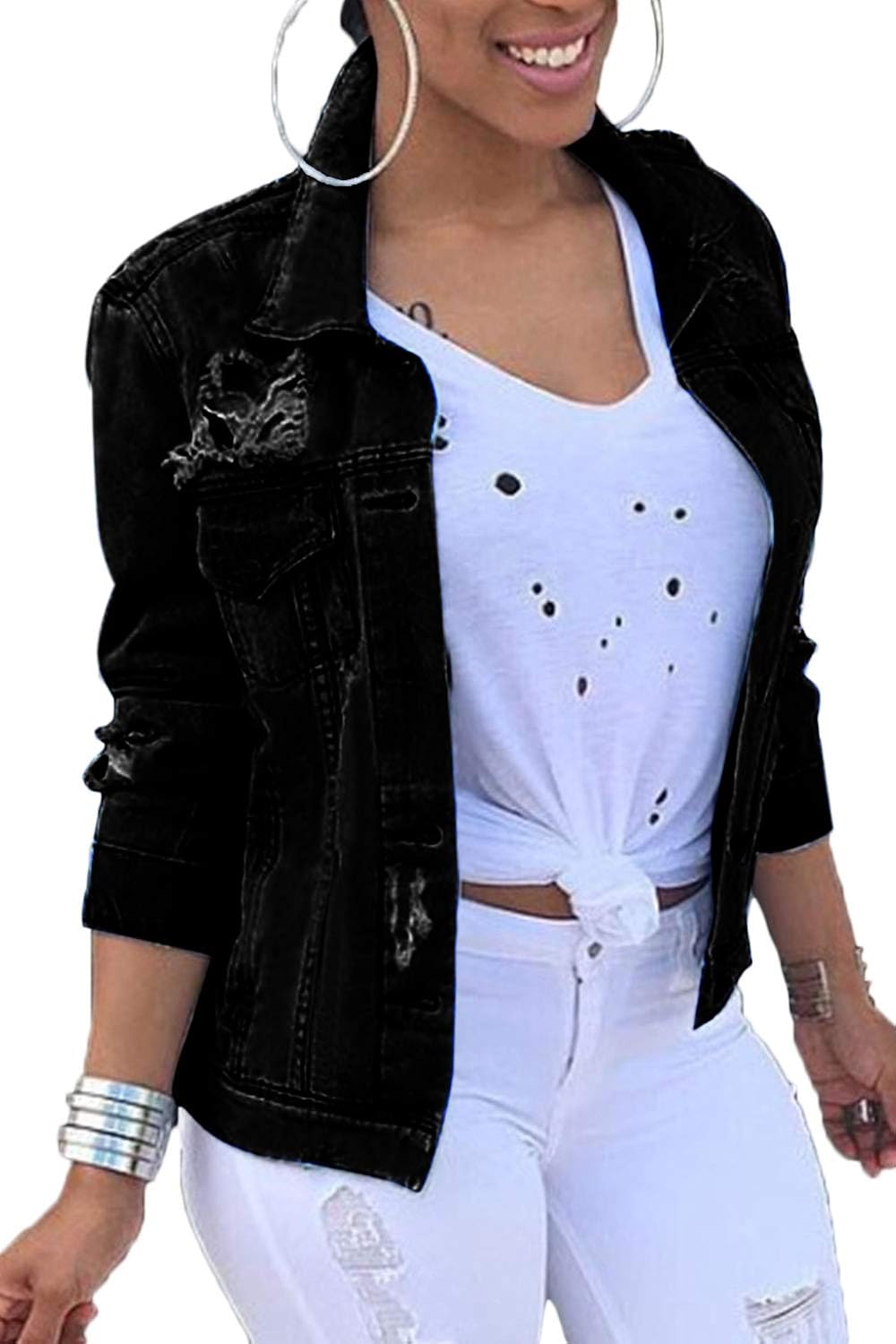 plus size long distressed denim jacket