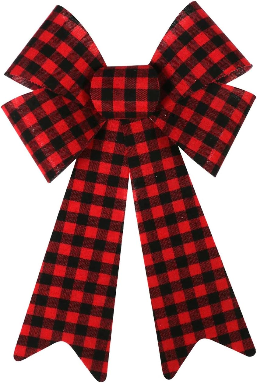 Bows & Ribbons - Buffalo Plaid Christmas Bow - Red and Black Check Decorative Fluffy Bow - 8.7 Inch x 14.6 Inch
