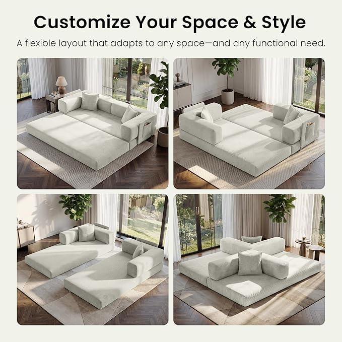 Convertible Folding Couch Bed, Comfy Corduroy Sleeper Floor Sofa Bed with Fixed-Shape Frame, Floor Sofa with Armrest, Lounge Couch for Living Room Bedroom Lounge Studio (Light beige, 150CM) | boneless couch