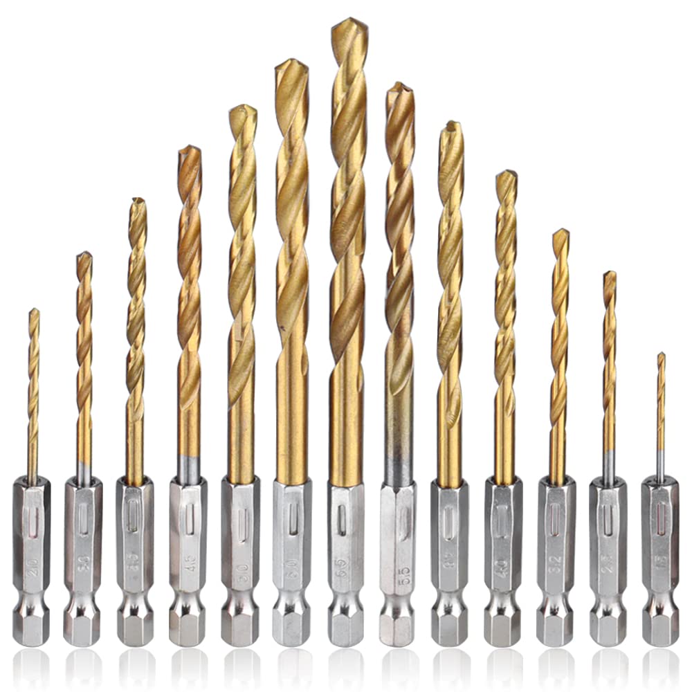 Mesee 13 Pieces Titanium Coated HSS Twist Drill Bits, High Speed Steel Drill Bit Set 1/4 Inch Hex Shank Quick Change Woodworking Drilling Tool - 1.5mm-6.5mm