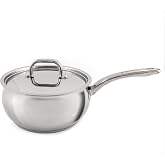 BergHOFF Belly Shape Stainless Steel Saucepan with Metal Lid, 8 Inches | 3.2qt, Induction Cooktop Ready Cooking Pot, 3 Layer Base, Dishwasher &amp; Oven Safe Sauce Pan with Measurement Markings