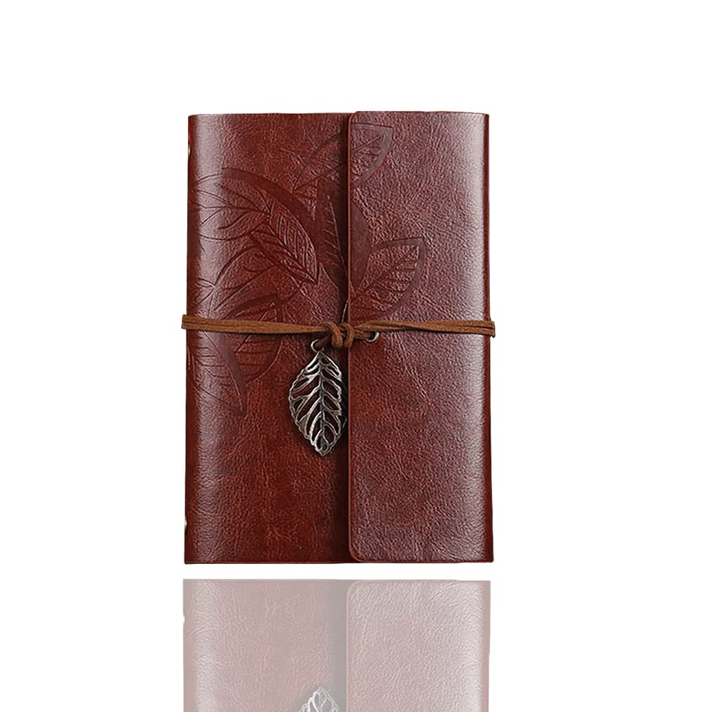 SENRISE Vintage Refillable Notebook with Classic Embossed Loose Leaf Writing Books with Retro Pendants Travel Journal Diary(1Pcs-Reddish Brown)