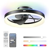 DREO Smart RGBIC Ceiling Fans with Lights, Low profile Ceiling Fan with Alexa/App, 20'' Dimmable Lighting &amp; Color Tuning, 22dB Quiet for Bedroom, Game Room, Easy Installation, Black