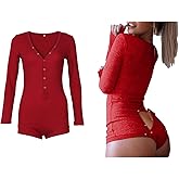 Roselux Women's Sexy Deep V Neck Shorts Long Sleeve Knitted One Piece Bodysuit Sexy Pajama Onesie Bodycon Rompers Overall