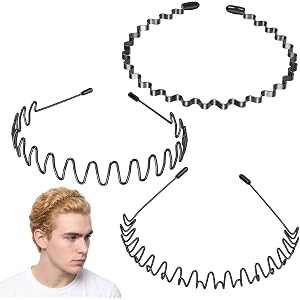 Zyghjort 3 Pcs Metal Headbands for Men, Wavy Spring Metal Headband Black Fashion Non Slip Zig Zag Wire Hair Band Simple Elast