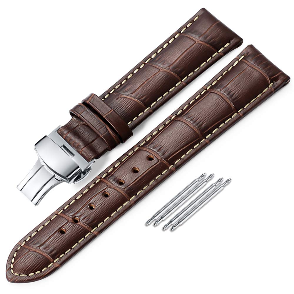 Leather Watch Strap Embossed Grain Classic Design Replacement Watch Band Deployment Buckle for Men Women Brown With Beige Stitch 19mm