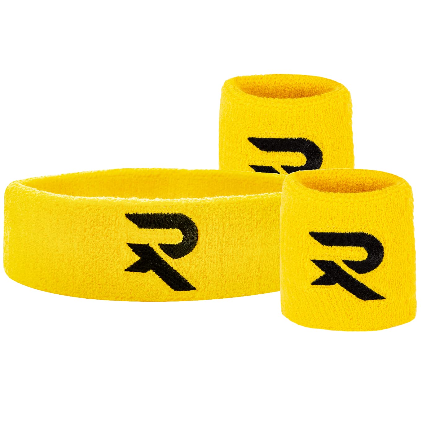 Raquex Wristband and Headband Set - Snug Fit Exercise Band - Cotton Sweat Bands for Men and Women - Stretchy Sweat Bands for Sports - 2 x Wrist Bands, 1 x Head Band (Yellow)