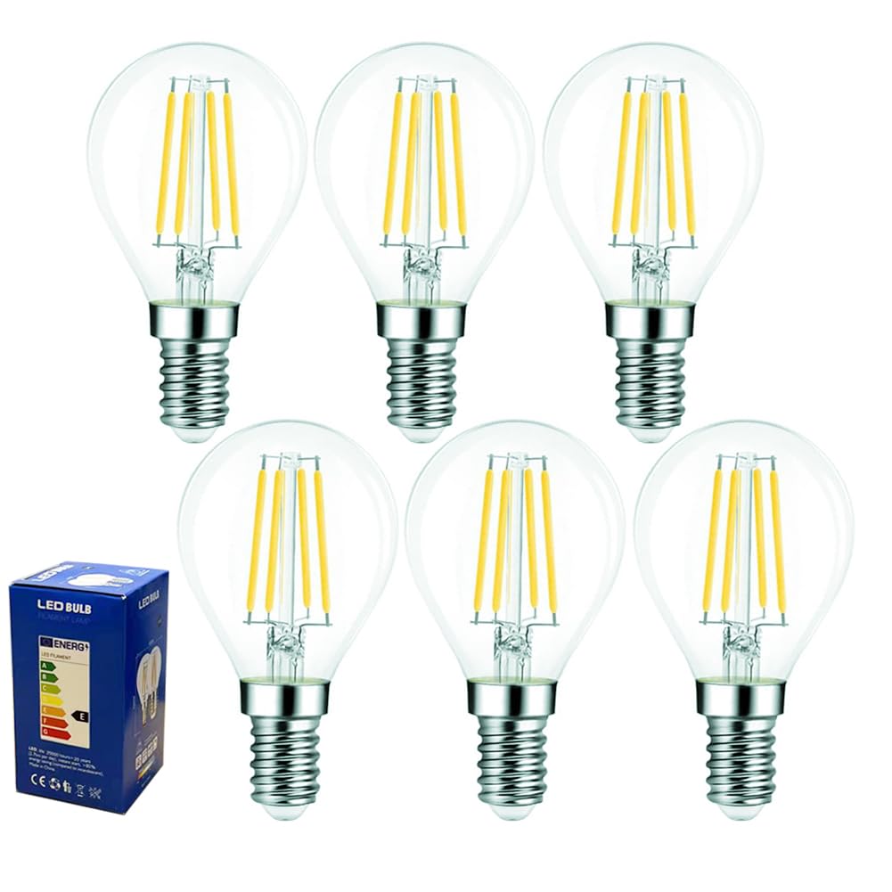 Golopatop G45 E14 LED Filament Light Bulbs, 4W Energy Saving 6500k Cool White Vintage G45 Golf Ball LED Light Bulbs Clear Glass E14 SES Small Edison Screw Bulbs, 40W Equivalent, Non Dimmable, 6Pack