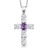 Gem Stone King 925 Sterling Silver White Moissanite and Purple Amethyst Cross Pendant Necklace for Women | 2.95 Cttw | Gemstone Birthstone | Oval 6X4MM | With 18 Inch Chain