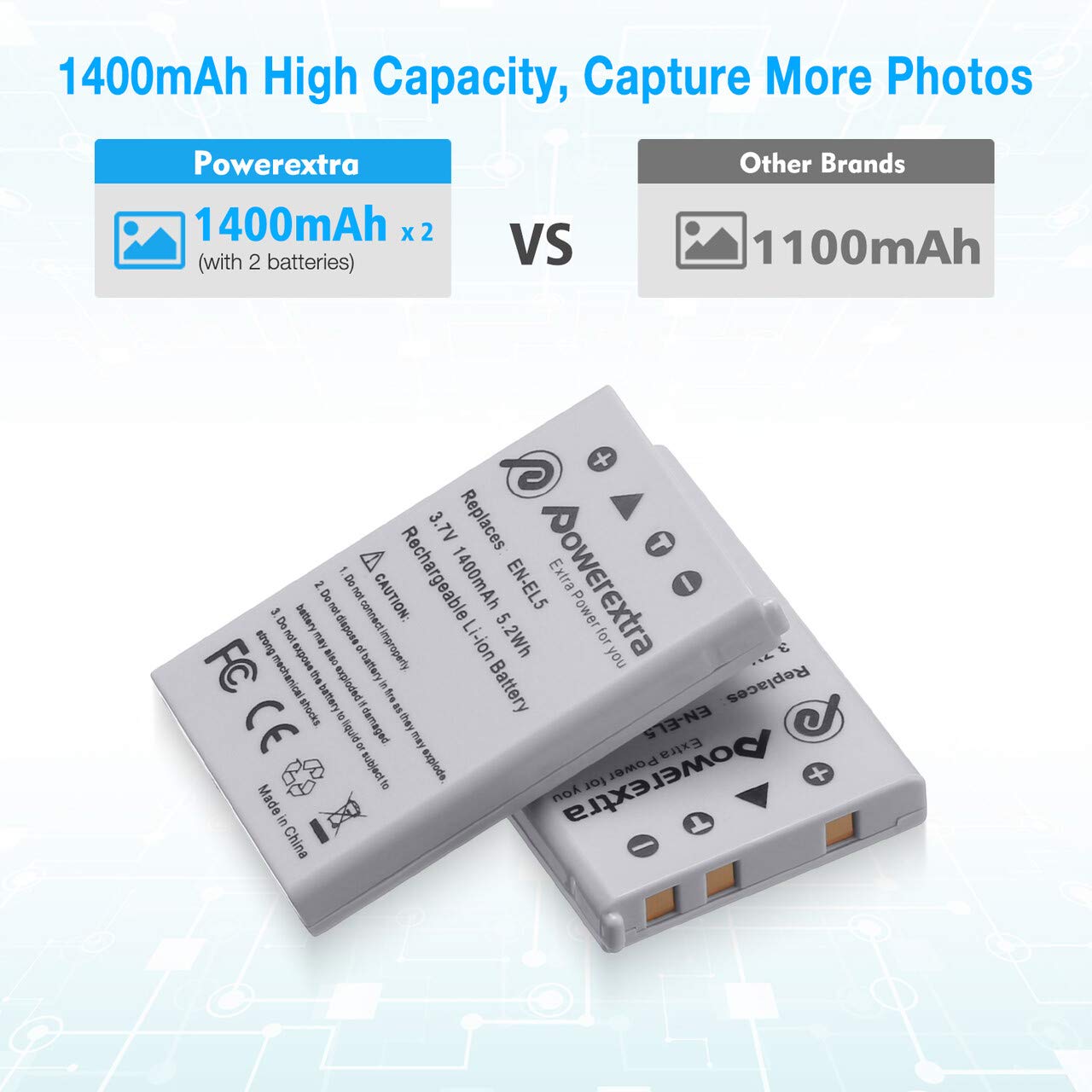 Powerextra 2 x EN-EL5 Replacement Battery and Dual LCD Battery Charger Kit for Nikon CoolPix P530, P520, P510, P100, P500, P5100, P5000, P6000, P90, P80, 4200, 5900, 7900, P3, P4, S10 Cameras