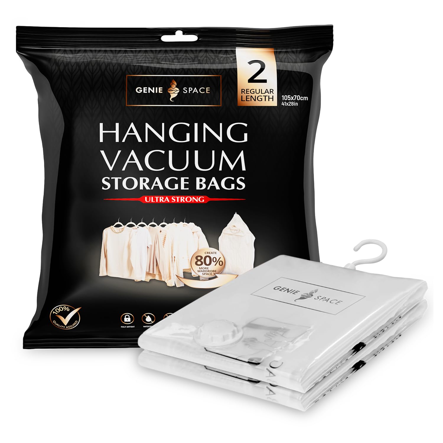 GENIE SPACE Hanging Vacuum Storage Bags for Coats, Suits and Dresses, Regular Length 105 × 70 cm, Airtight, Odour-Proof and Reusable Garment Bags with Double Zipper Seal, 2-Pack