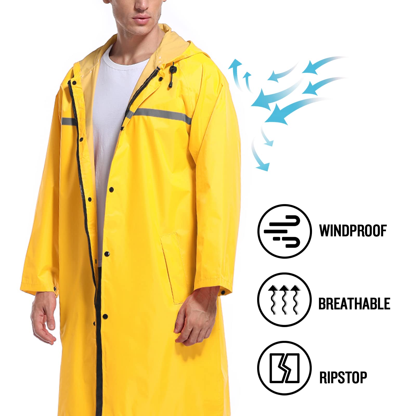 SaphiRose Mens Long Hooded Safety Rain Jacket Waterproof Emergency Raincoat Poncho