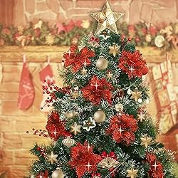 GREENTIME 12 Pcs Glitter Poinsettia 5.5" Artificial