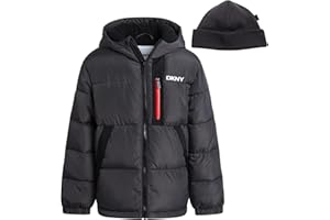 DKNY Boys Puffer Jacket - Heavyweight Fleece Insulated Boys Winter Jacket with Hat - Water Resistant Quilted Winter Coat