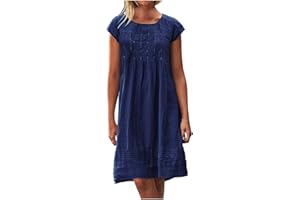 MAMIDAY Linen Dress for Women Pleated Summer Dresses Round Neck Short Sleeve Sundress Beach Vacation Casual Mini Dress 2024