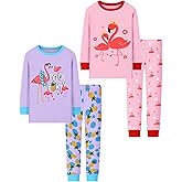 Joyond Girls' 4-Piece Snug Fit Cotton Pajama Set Size 2T-12Years, Kids Girls Long-Sleeve Clothes Top and Pants Sleepwear Sets