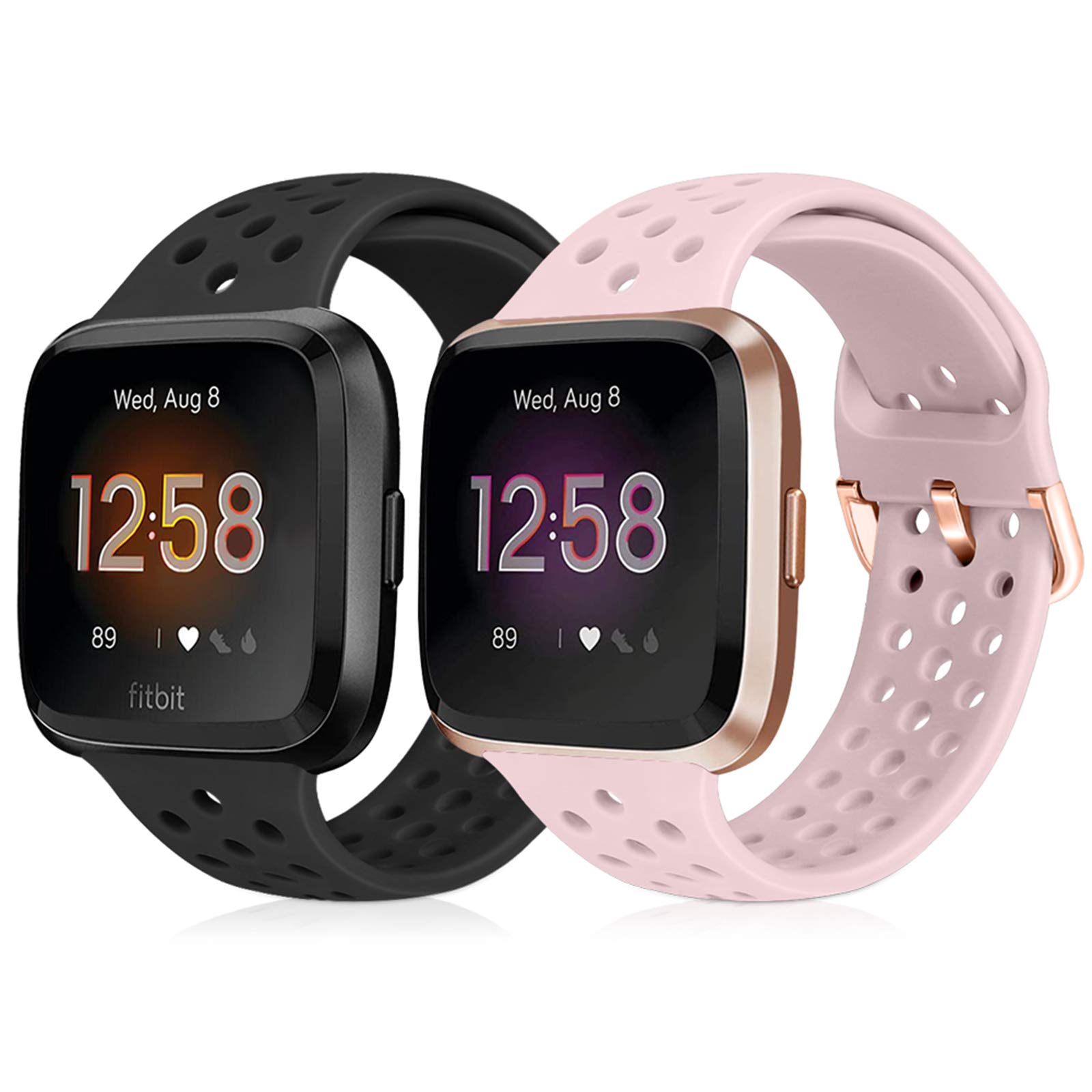 Runostrich Sport Strap Compatible with Fitbit Versa 2/Fitbit Versa/Versa Lite/SE, Soft Silicone Band Replacement Breathable Wristband Accessories for Smart Fitness Watch Women Men(Black+Pink Sand)