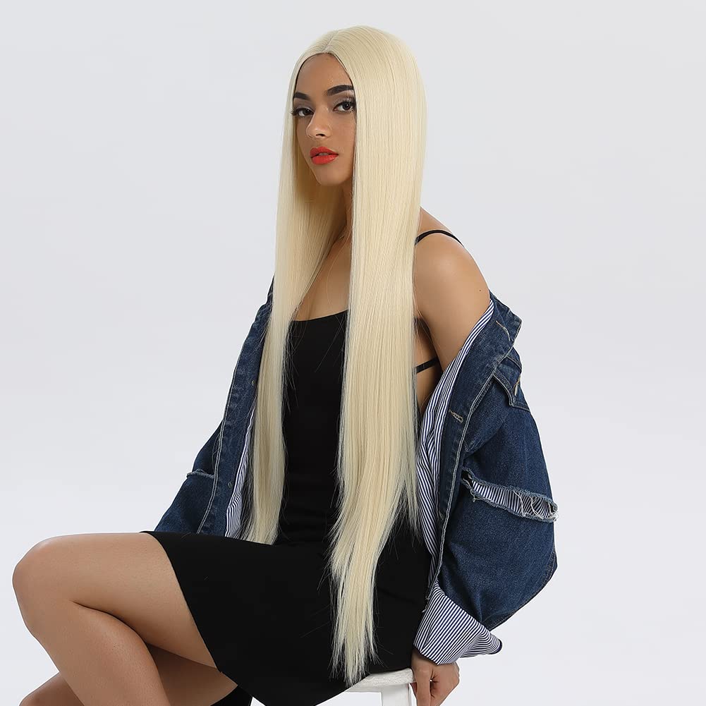 Joedir 38” Lace Front Wigs for Women Blonde Color Super Long Straight Wig 6” Deeper Middle Part Wig Heat Resistant Synthetic Wigs With Baby Hair (613)
