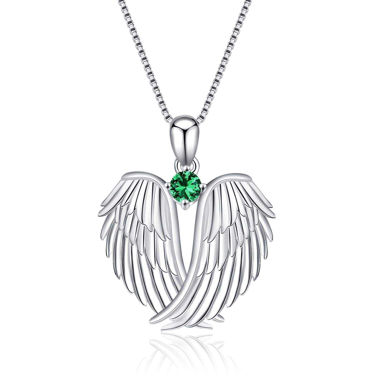VONALA Guardian Angel Wings Necklace Sterling Silver Pendant with Sparkle Cubic Zirconia Jewellery For Women Girls Birthday Gift Birhstone May