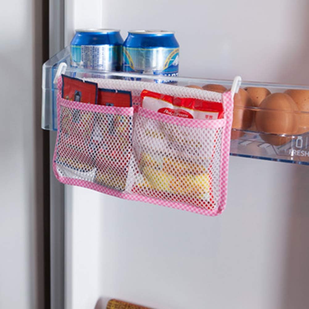 starlit Hanging Mesh Net Bags Refrigerator Organizer Mesh Pouch Kitchen Utensil Storage Organizer Pocket with Plastic Hanger Pink