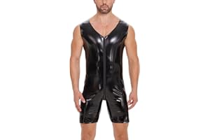 xokesy Men Sexy Leather Bodysuit, Zipper Open Crotch, Wetlook, Shiny Latex Leotard Crotchless, Black