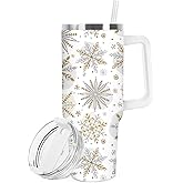 JarThenaAMCS Christmas Tumbler with Lid Straw 40 Oz Gold Silver Snowflake Stainless Steel Travel Tumbler Cup with Handle for Xmas Winter Iced Coffee Party Favor