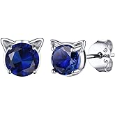 925 Sterling Silver Cute Cat Stud Earrings, Adorned Gorgeous Birthstone, Cubic Zirconia Womens Cat Jewelry, Come with Box