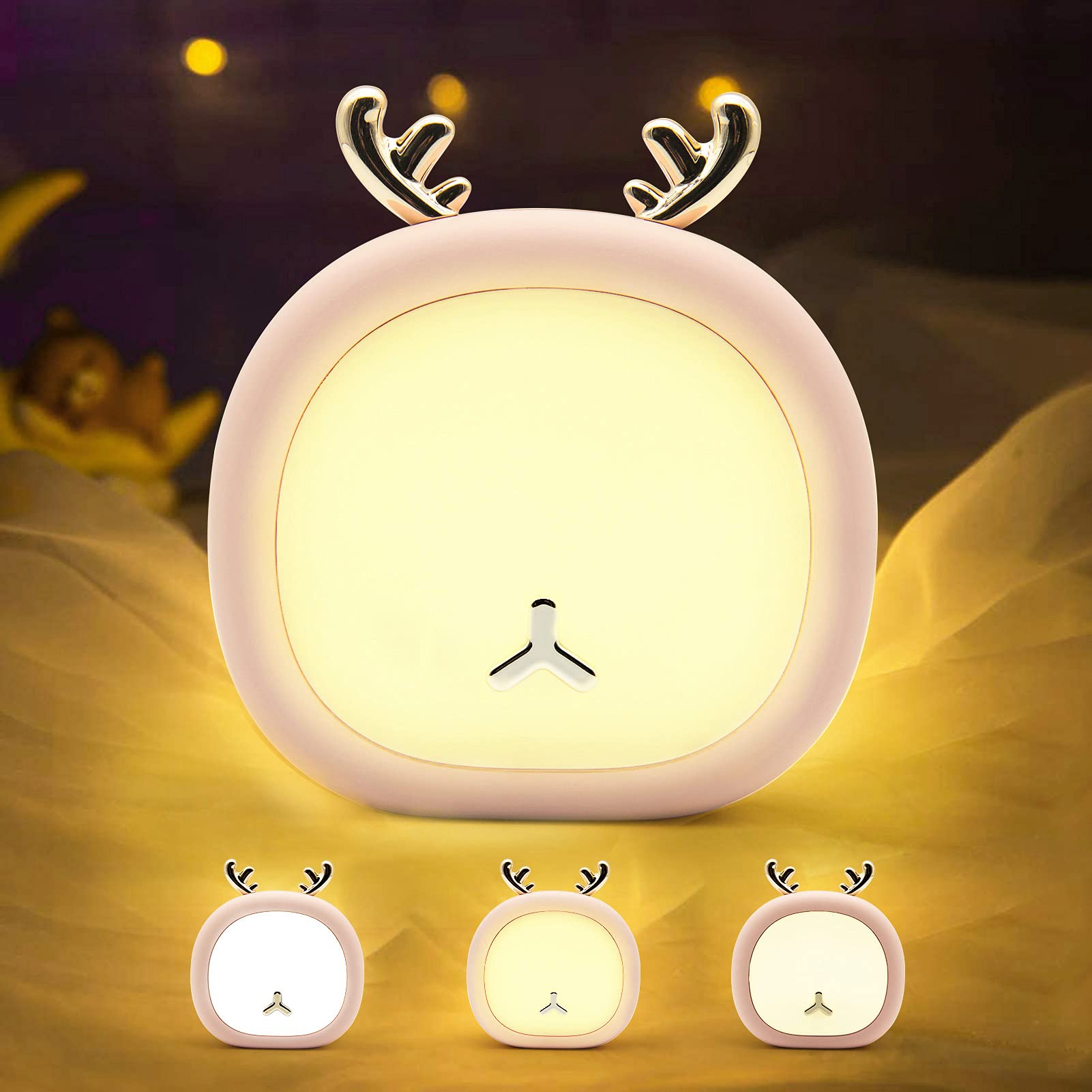 JMZZY Little Deer Night Light with Touch Tap Control, Baby Night Lamp , USB Rechargeable,3 Brightness Adjustable LED Lamp Bedside Light for Baby, Children, Teen, Girls Boys (Pink)