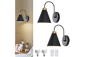 Powfloven Vintage Cordless Gooseneck Battery Operated Wall Sconces Set of 2, Black Bedside Battery Powered Wall Decor Lamps with Remote Control, Wireless Indoor LED Lights Fixture for Bedroom Hallway