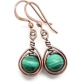 Pillar of Salt Studio Handcrafted Solid Copper Earrings with Genuine Malachite Gemstone (Antiqued Copper, 3/4" drop)