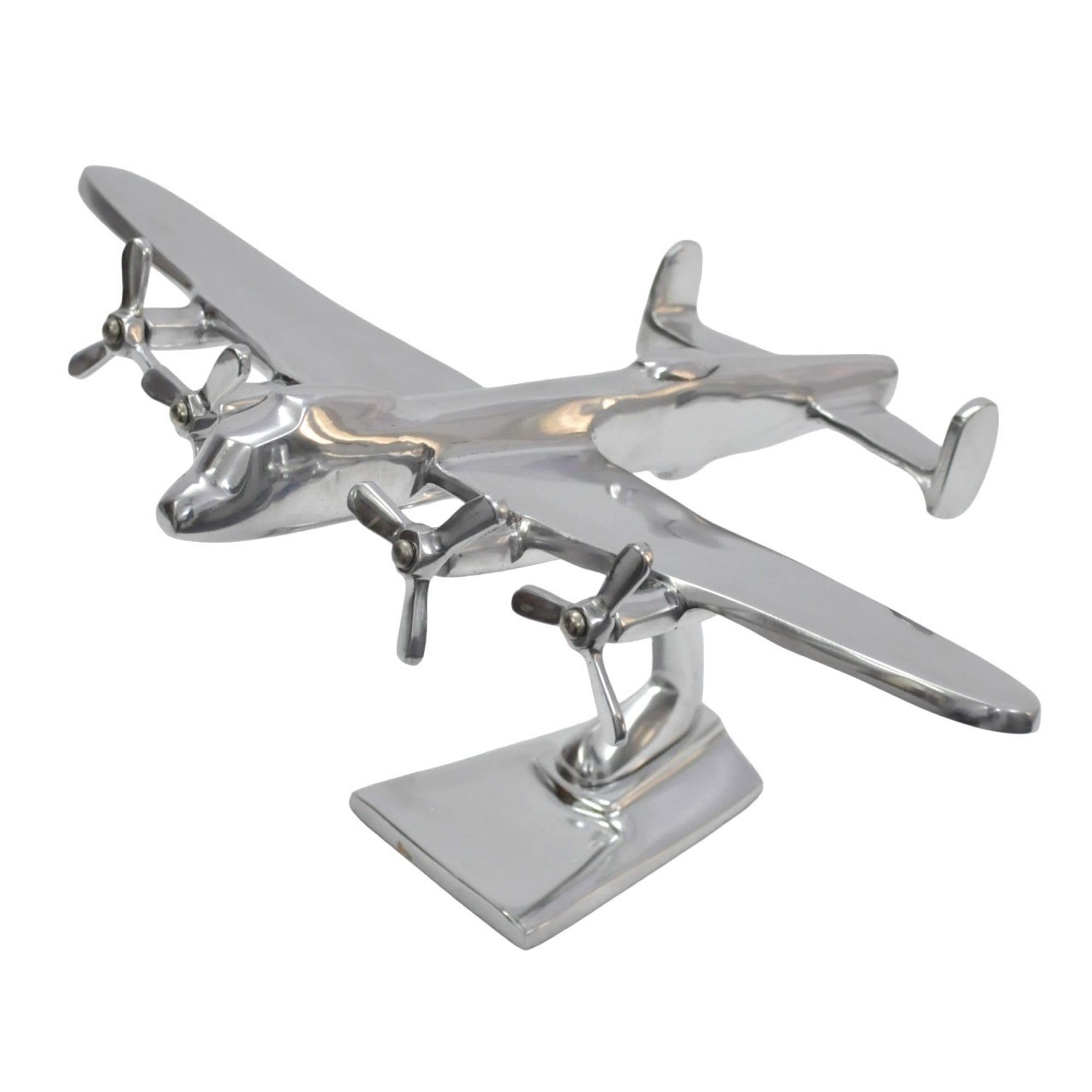 SK Style Lancaster Bomber Aeroplane Ornament On Display Stand, This Aircract Was The Iconic Bomber Plane Of World War Two And This Model Has A 31cm Wingspan And A Hand Polished Silver Finish