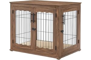 beeNbkks Furniture Style Dog Crate End Table, Double Doors Wooden Wire Dog Kennel with Pet Bed, Decorative Pet Crate Dog House Indoor Medium Large