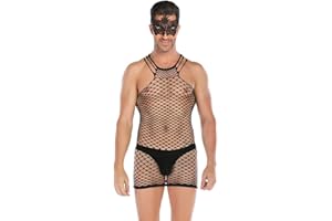 SINROYEE Men's Sheer Lace Lingerie Sissy clothes Sexy Tight Cut Out Elastic Nightgown One-piece Bodysuit