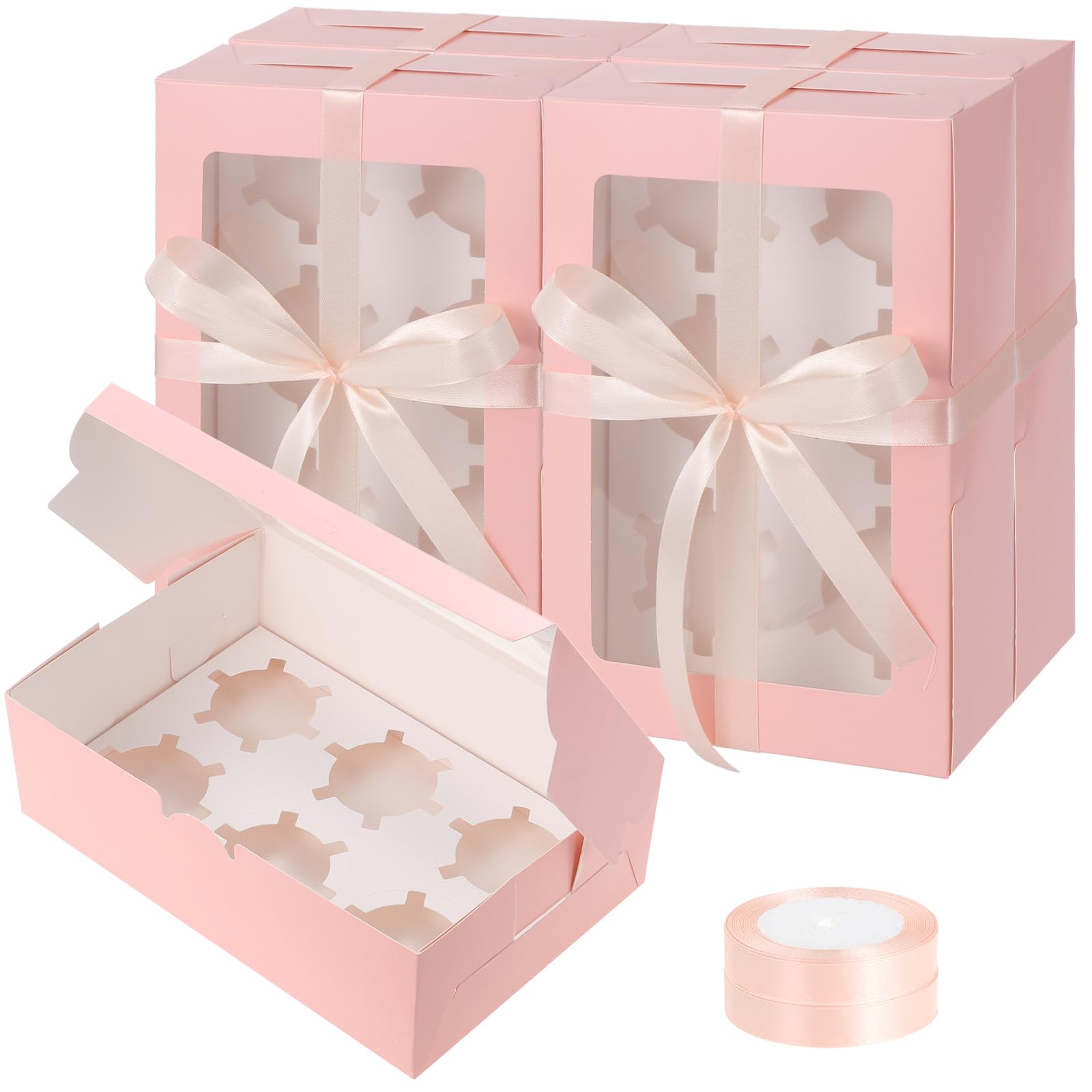 Fippy 20 PCS Cupcake Boxes 6 Hole with Window, Pink Cakes Boxes Small Bakery Boxes for Cupcake Pastry Cookies Desserts — image 1