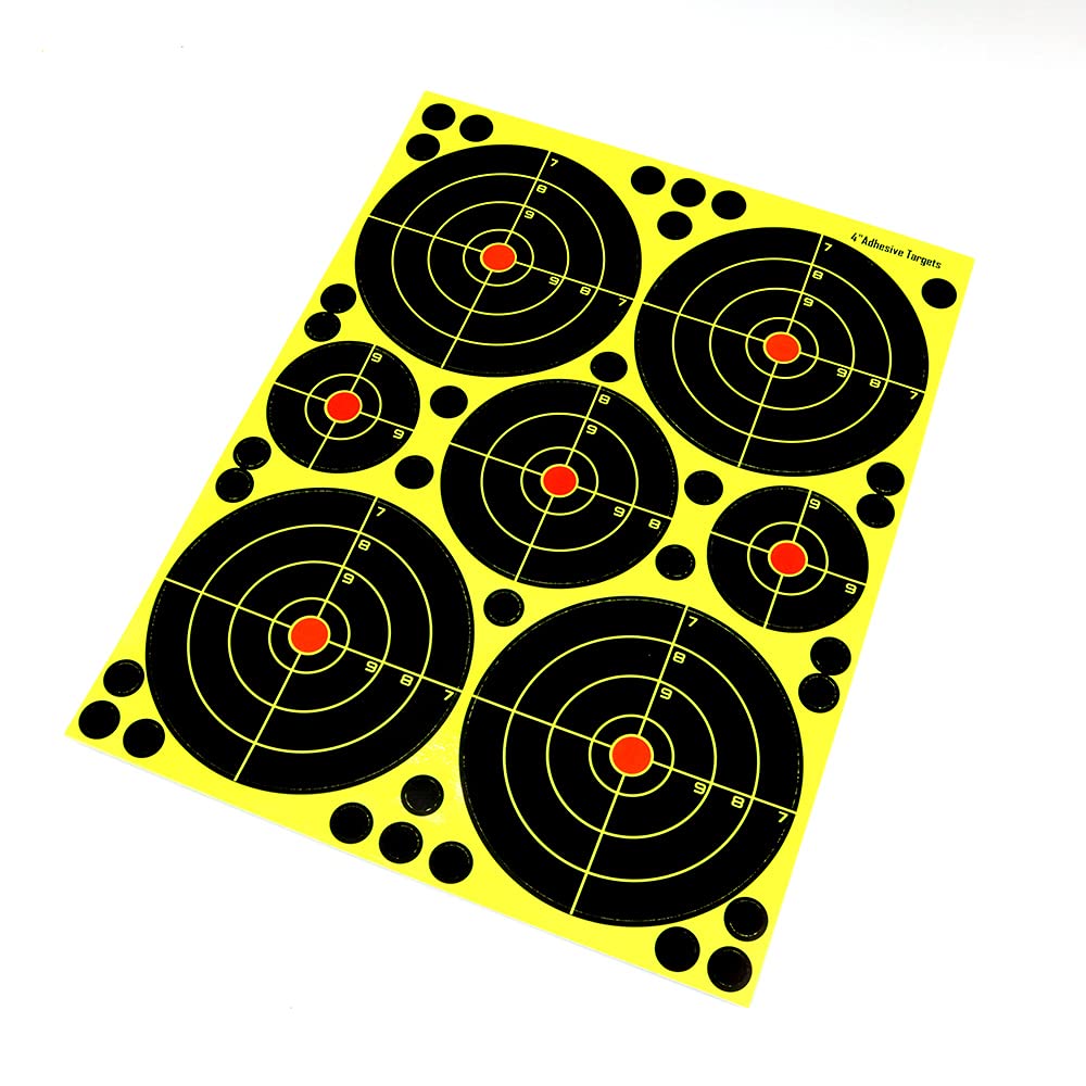ANCLLO 10 Pack Multi Size 4inch 3inch 2inch Bullseye Reactive Shooting Target - Shots Burst Bright Fluorescent Yellow Upon Impact