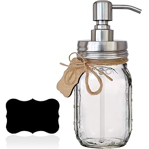 Premium Rustproof 304 18/8 Stainless Steel Mason Jar Soap Pump/Lotion Dispenser | Modern Farmhouse | Bonus Chalk Label | 16 oz (Regular Mouth) Glass Mason Jar (Silver)