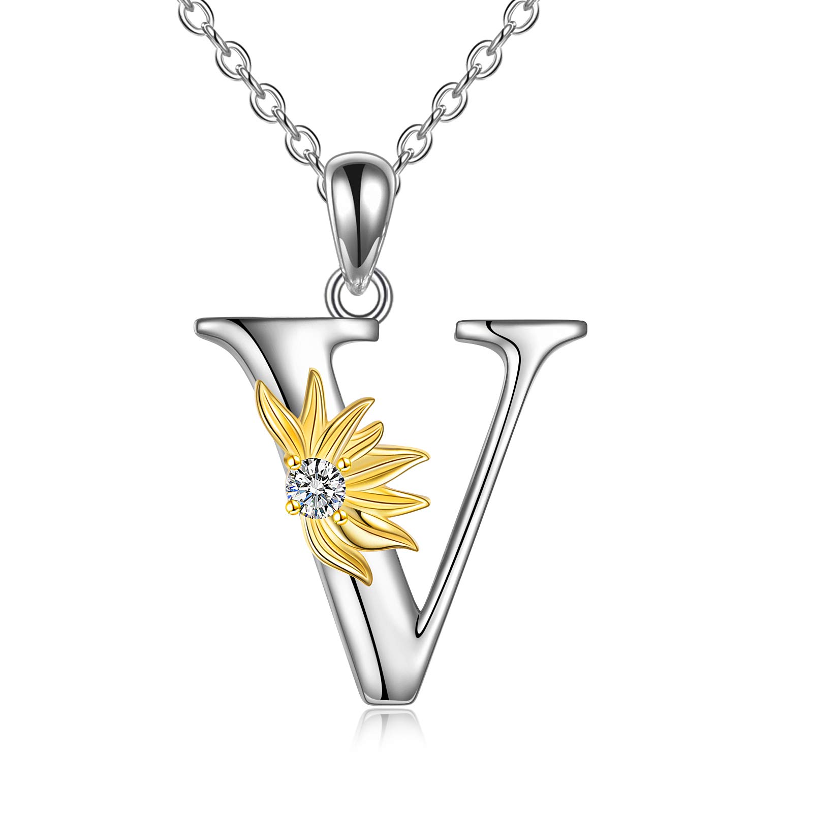 VONALA Sunflower Gifts for Women Sterling Silver Initial Alphabet Letter V Pendant Sunflower Necklace Gifts for Women Girls