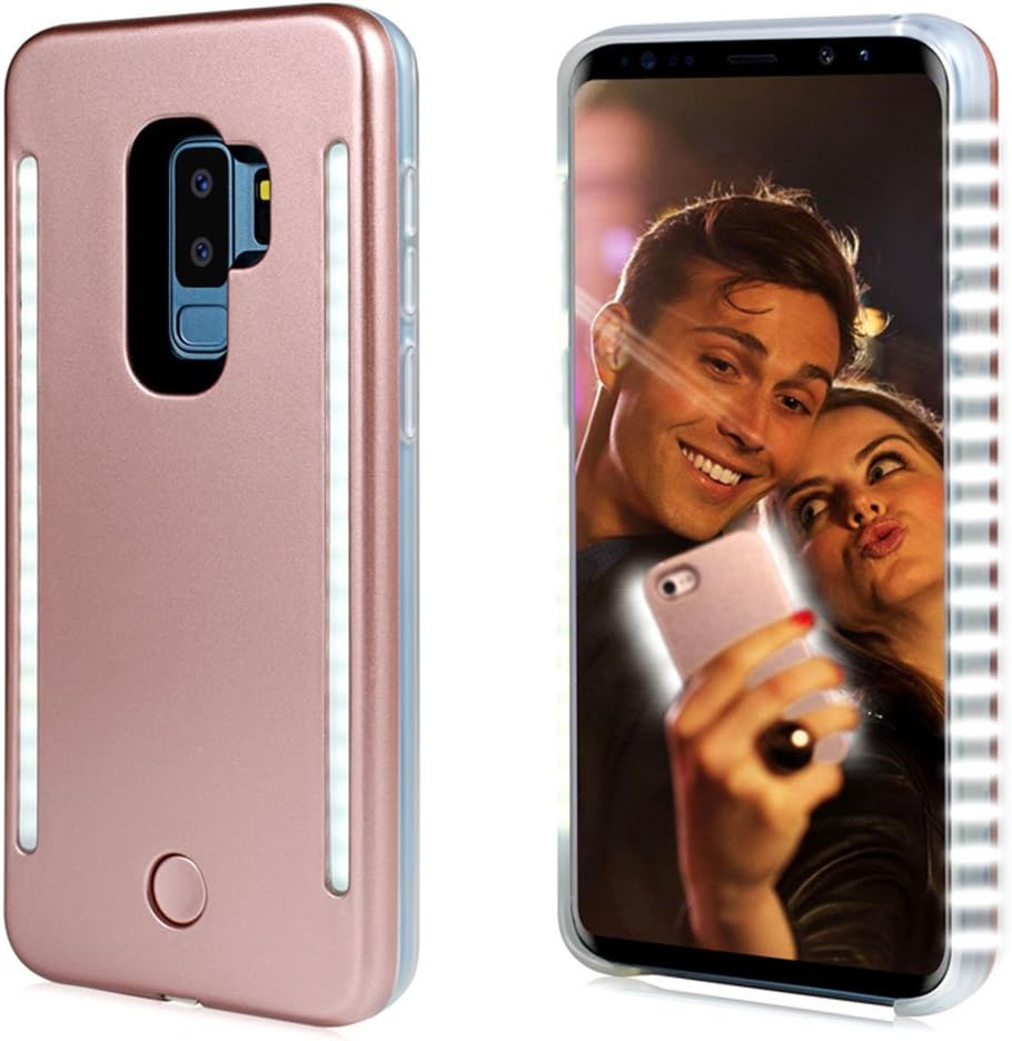 FULLOPTO Selfie Light up Case for S9 Plus, Light Selfie case with 2 Sides Led Lamps with Double Rechargeable LED Flashlight and Protection for Samsung S9+ (Rose Gold)