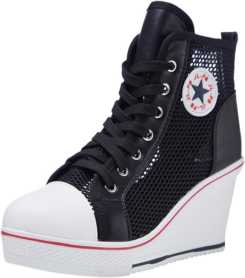 Kivors Women Girls Wedge Canvas Shoes High-Top Platforms Trainers Side Zipper Lace up Boots Sneakers (5UK, Black 3)