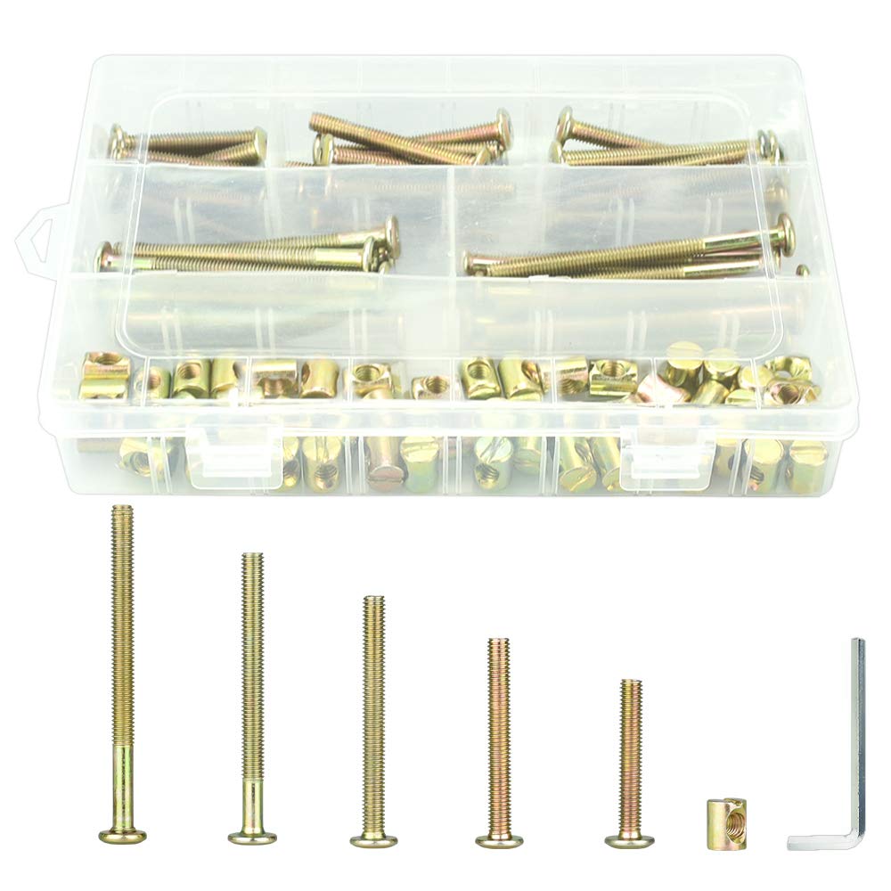 KBNIAN 101 Pcs M6 Bolts and Nuts Set,Zinc-Plated Hex Socket Cap Screws Crib Screws Bolts Barrel Nuts Assortment Kit Furniture Bolt with A Hex Key for Beds Chairs Furniture (M6 x 40/50/60/70/80mm)