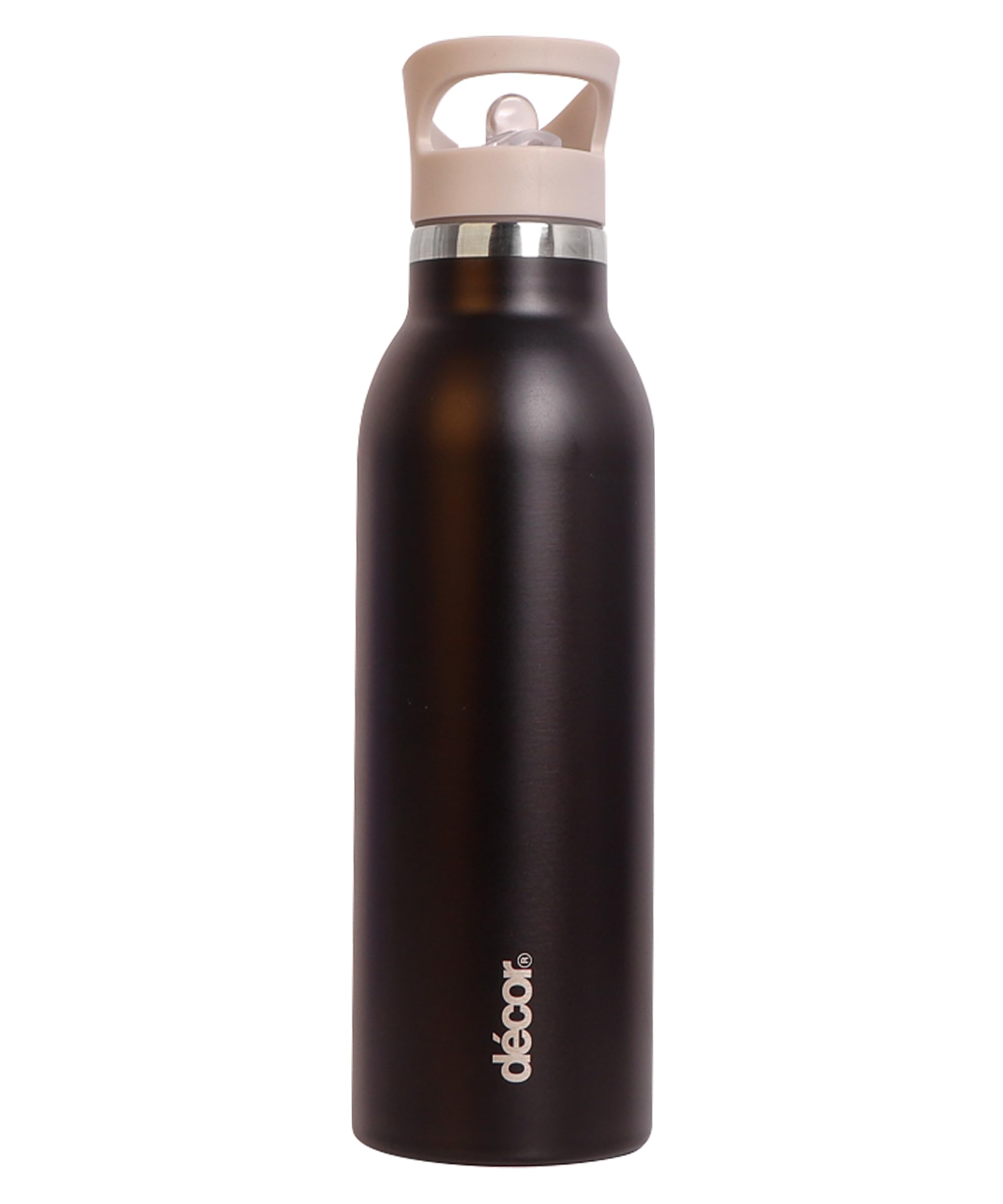 Décor Snap n Seal 600ml Stainless Steel Water Bottle with Straw, BPA Free - Leakproof Metal Flask with Carry Handle for School, Travel, Work & Gym - Ideal Drinking Bottle for Kids & Adults - Black