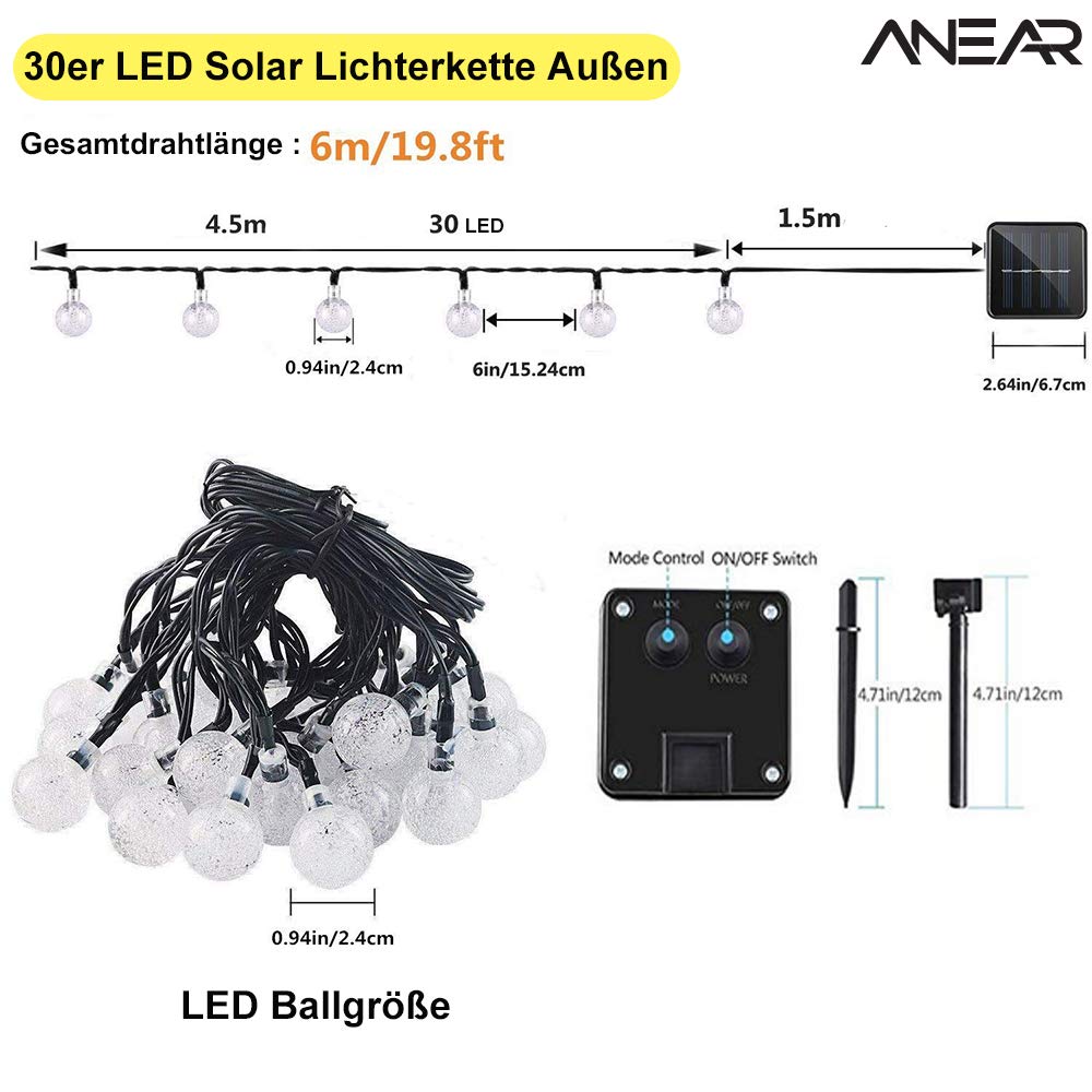 ANEAR Solar Lichterkette Außen Garten Globe 6 Meter 30er LED Wasserdicht Beleuchtung für Garten, Balkon, Party