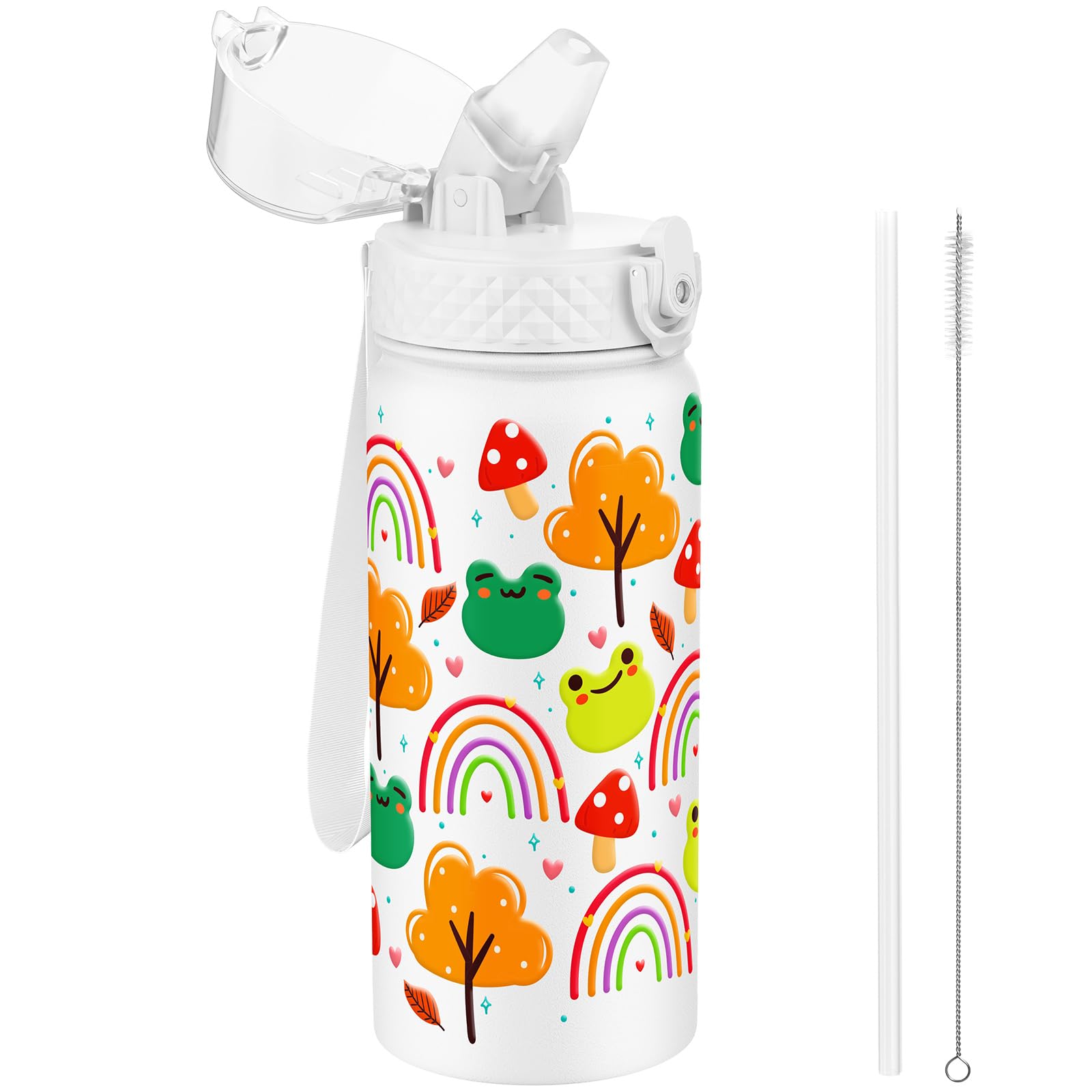 GOPPUS 550ml/18oz Kids Insulated Water Bottle with Straw Cute Double Wall Stainless Steel Child's Small Flask Vacuum Insulated Steel Metal Leak Proof Drink Flask Boys Toddler Girls Bottles BPA-Free