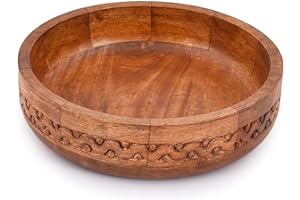 EDHAS Mango Wood Decorative Round Carved Bowl for Decoration, Centerpiece Bowl for Table (10" x 10" x 2.5")