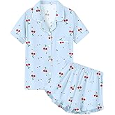 QZH.DUAO Girls & Women Pajama Sets 100% Cotton Sleepwear Button Down Short Sleeve With Ruffle Shorts PJS 5 Years-Large