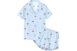 QZH.DUAO Girls Pajama Sets 100% Cotton Sleepwear Button Down Short Sleeve With Ruffle Shorts 2 Piece PJS 5-14