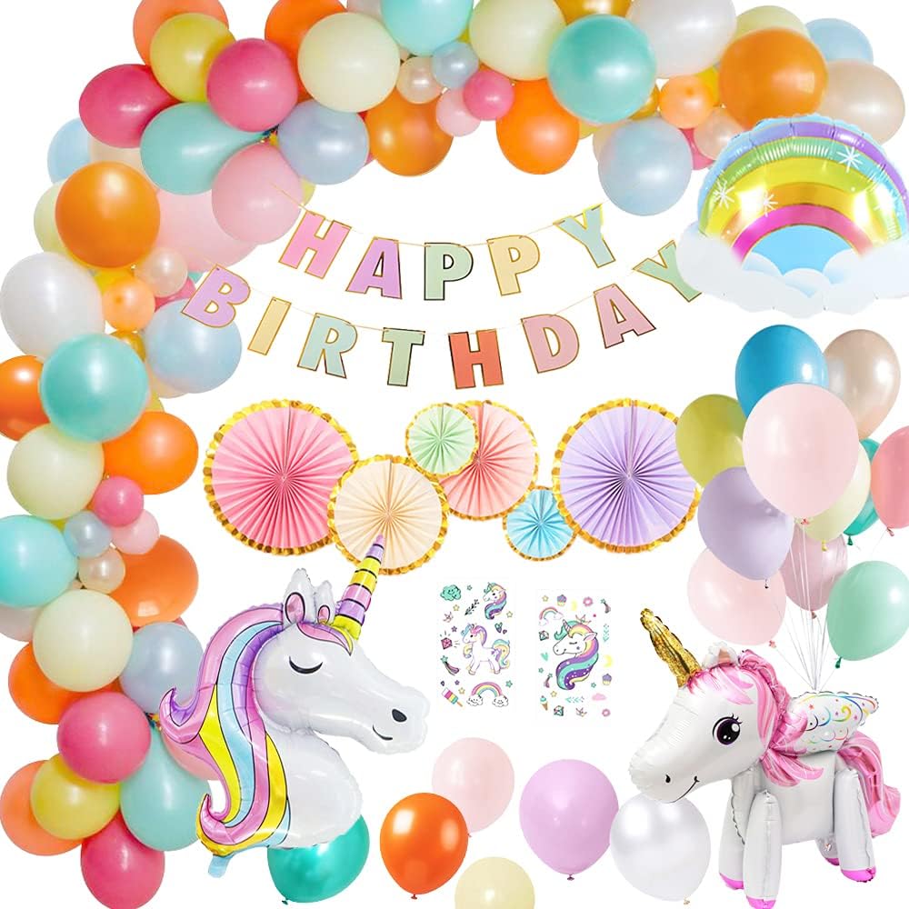 Unicorn Birthday Decorations Girl, MMTX Unicorn Party Decorations with 3D Unicorn Balloons Party Decorations, Happy Birthday Balloons, Hanging Paper Fans for Girls Birthday Party Supplies